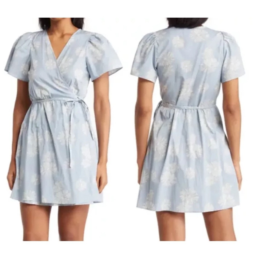 Madewell Womens Dress Medium Floral Wrap Mini Puff Sleeve Blue White Lightweight